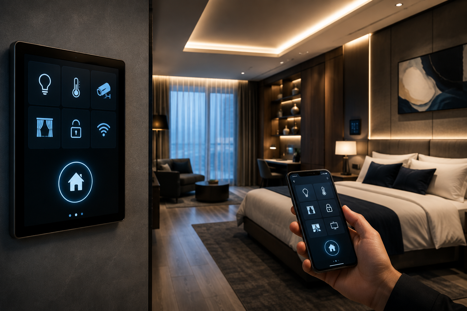 Wall-mounted smart room panel and mobile app controlling lights, curtains, AC and locks in a hotel room